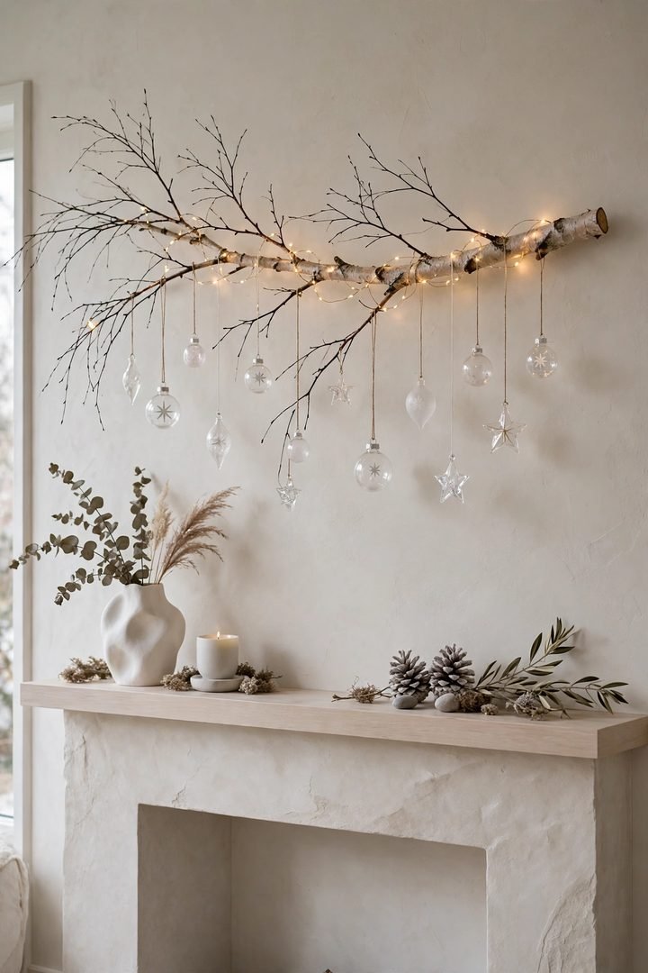 christmas mantel decor ideas: birch branch with hanging ornaments mounted above a mantel