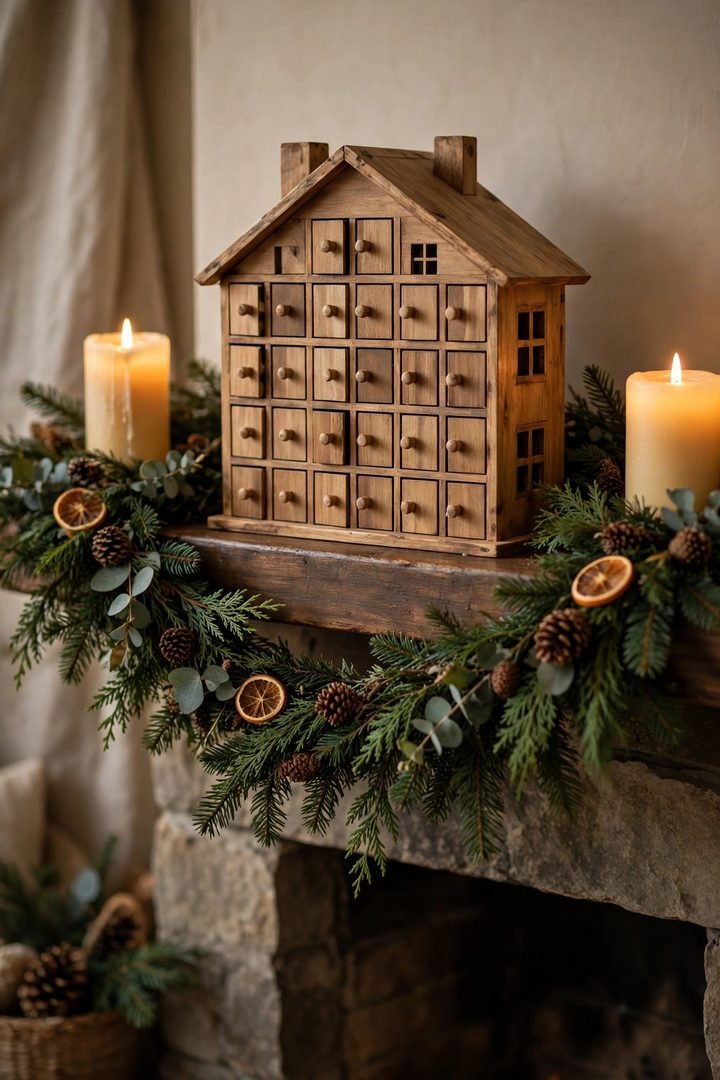 christmas mantel decor ideas: wooden advent calendar as mantel centerpiece with garland