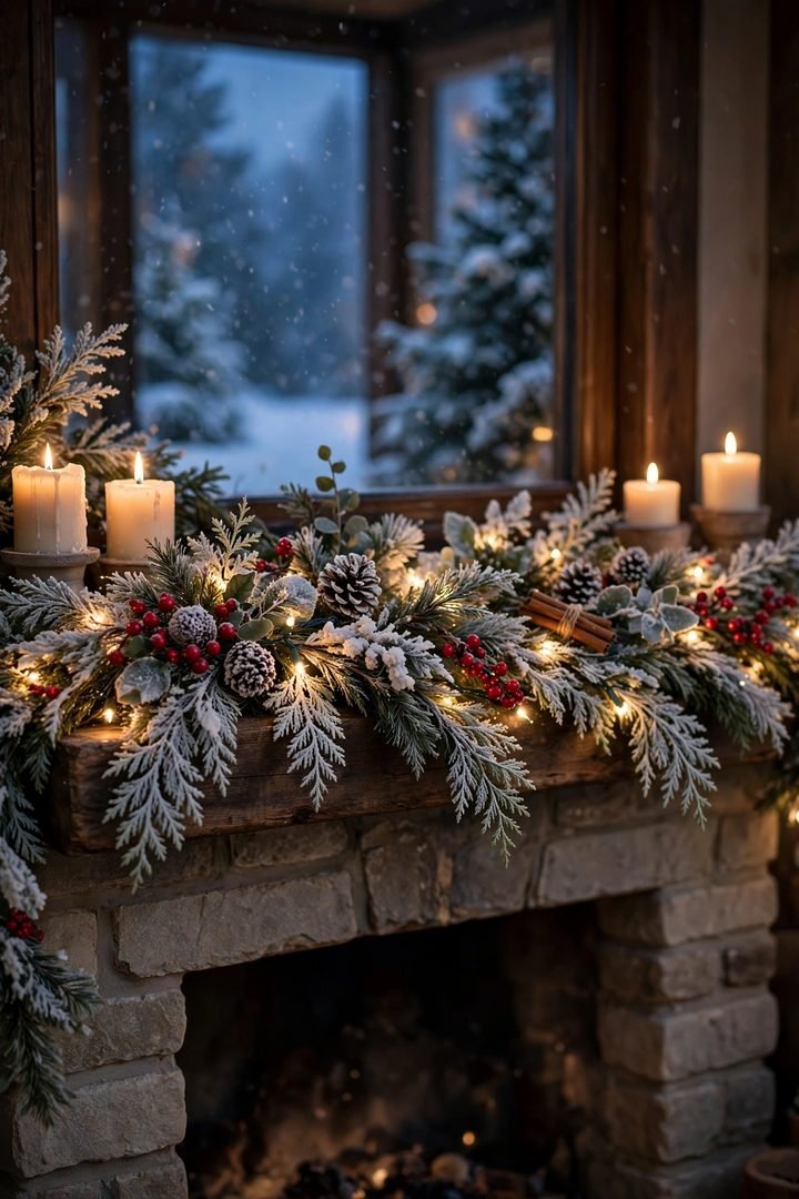 christmas mantel decor ideas: frosted cedar garland with red berries on a mantel