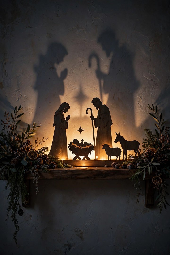 christmas mantel decor ideas: nativity silhouette glowing with warm uplight on a mantel