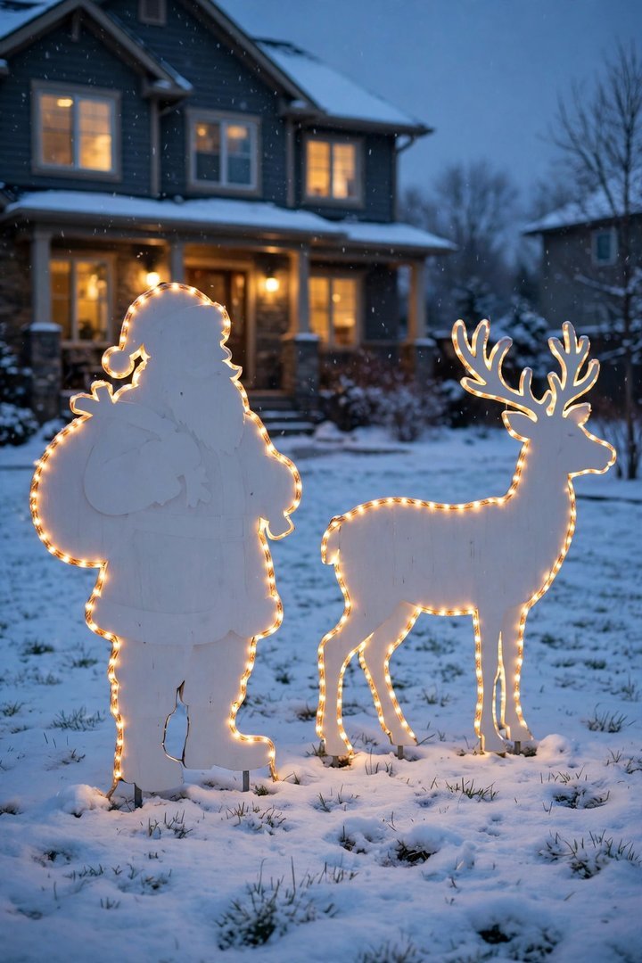 outdoor christmas decorations ideas: wooden Santa and reindeer silhouette display on a front lawn