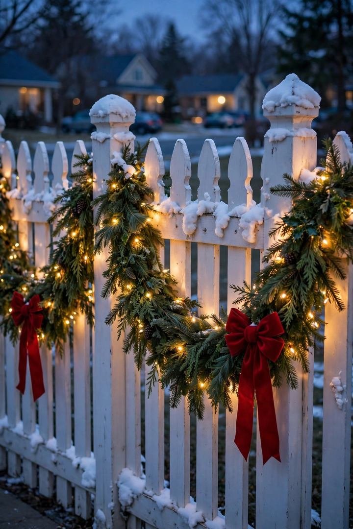 outdoor christmas decorations ideas: evergreen garland swags with lights and red bows on a front fence