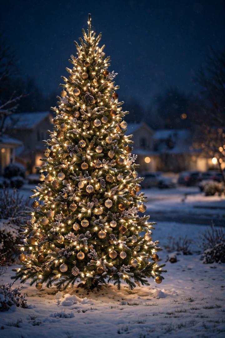 outdoor christmas decorations ideas: large lit Christmas tree standing on a front lawn at night