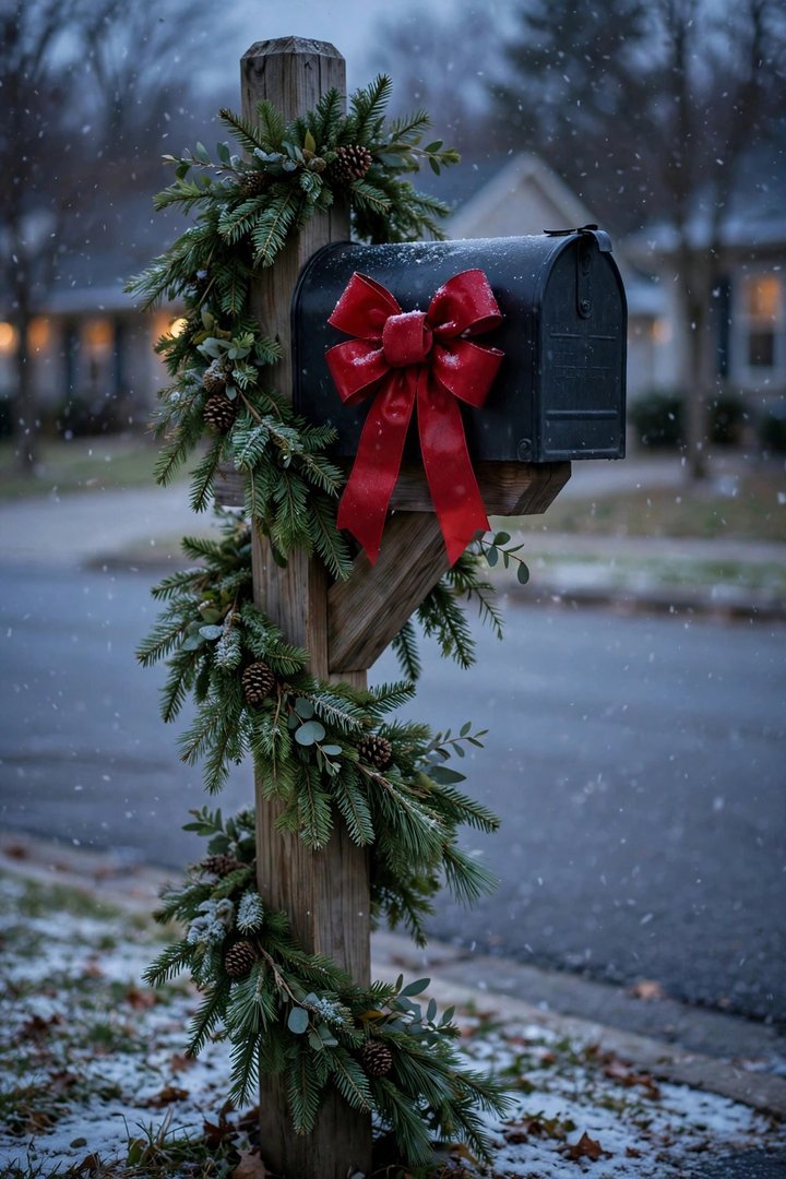 outdoor christmas decorations ideas: mailbox wrapped in evergreen garland with a big red bow