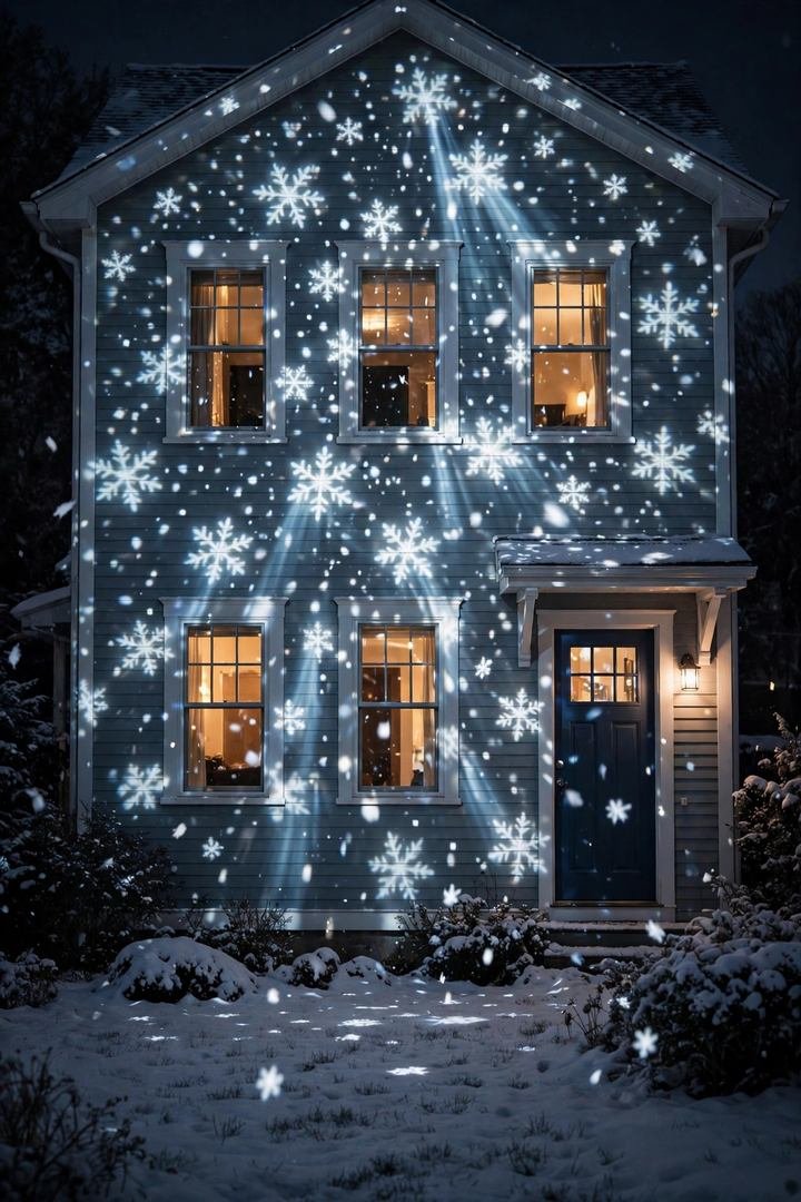 outdoor christmas decorations ideas: projector casting falling snowflakes across a house facade