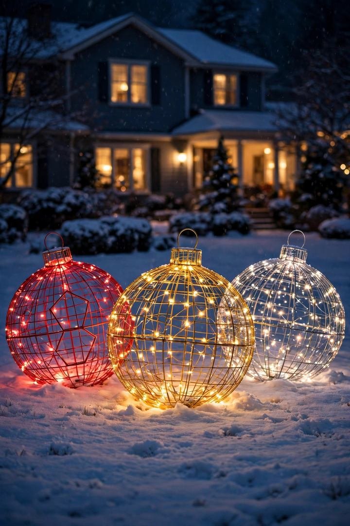 outdoor christmas decorations ideas: giant lighted ornament baubles glowing on a lawn at night