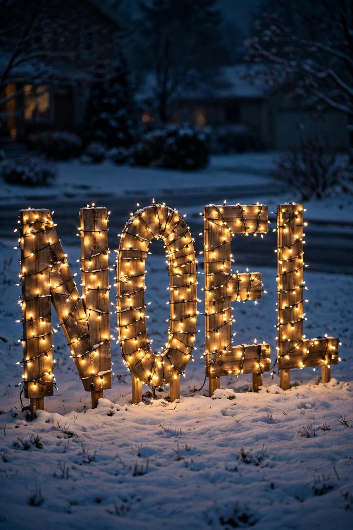 outdoor christmas decorations ideas: lighted NOEL yard letters glowing on a lawn at night