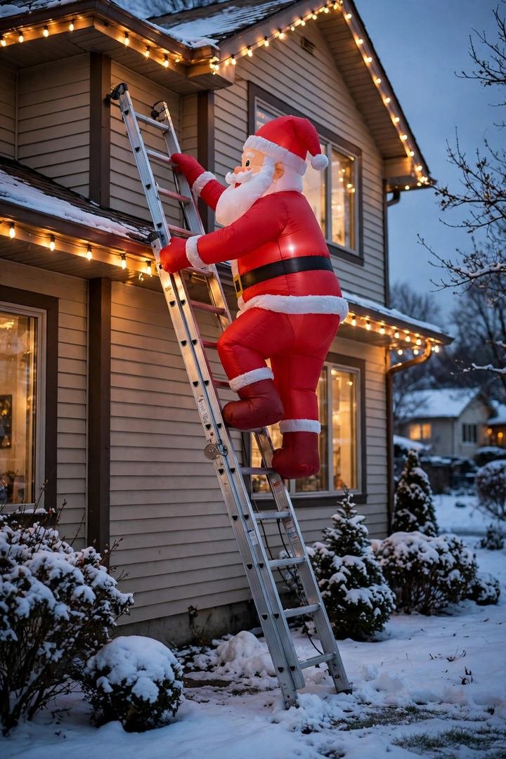outdoor christmas decorations ideas: inflatable Santa climbing a ladder against a house at dusk
