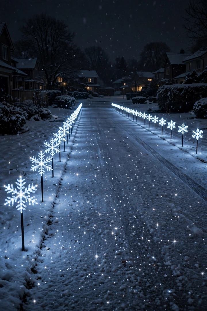 outdoor christmas decorations ideas: LED snowflake stakes lining a driveway at night