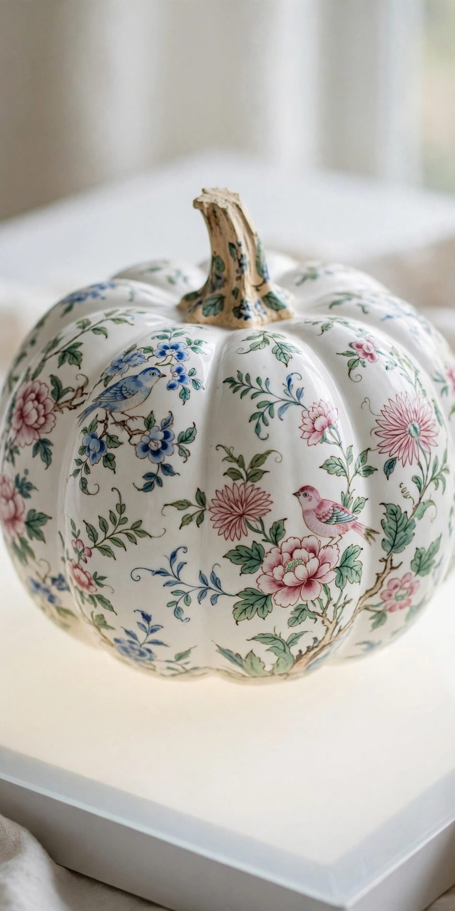 ceramic pumpkin decor ideas: chinoiserie floral painted pumpkin