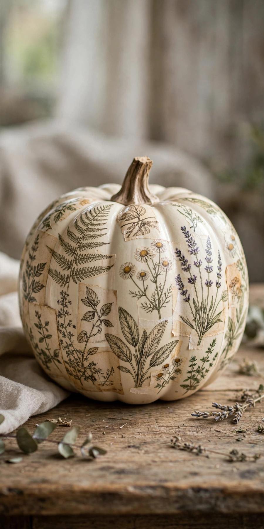 ceramic pumpkin decor ideas: botanical print decoupage pumpkin