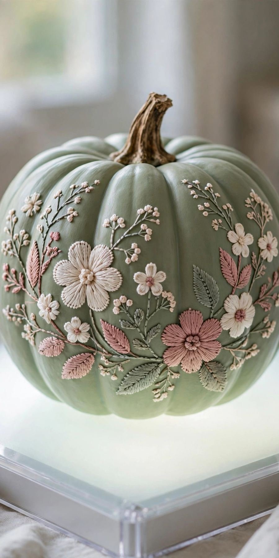 ceramic pumpkin decor ideas: embroidered floral painted pumpkin