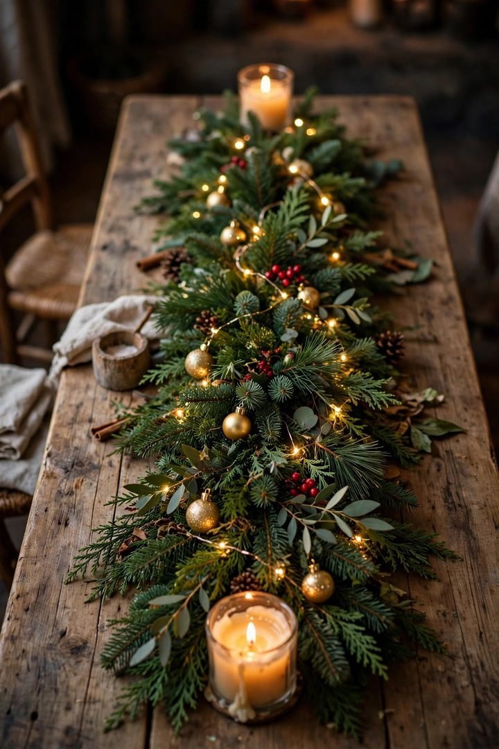 christmas table decor ideas: evergreen garland with fairy lights as a table centerpiece