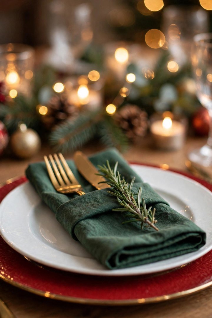 christmas table decor ideas: pocket-fold napkin with flatware and rosemary on a plate