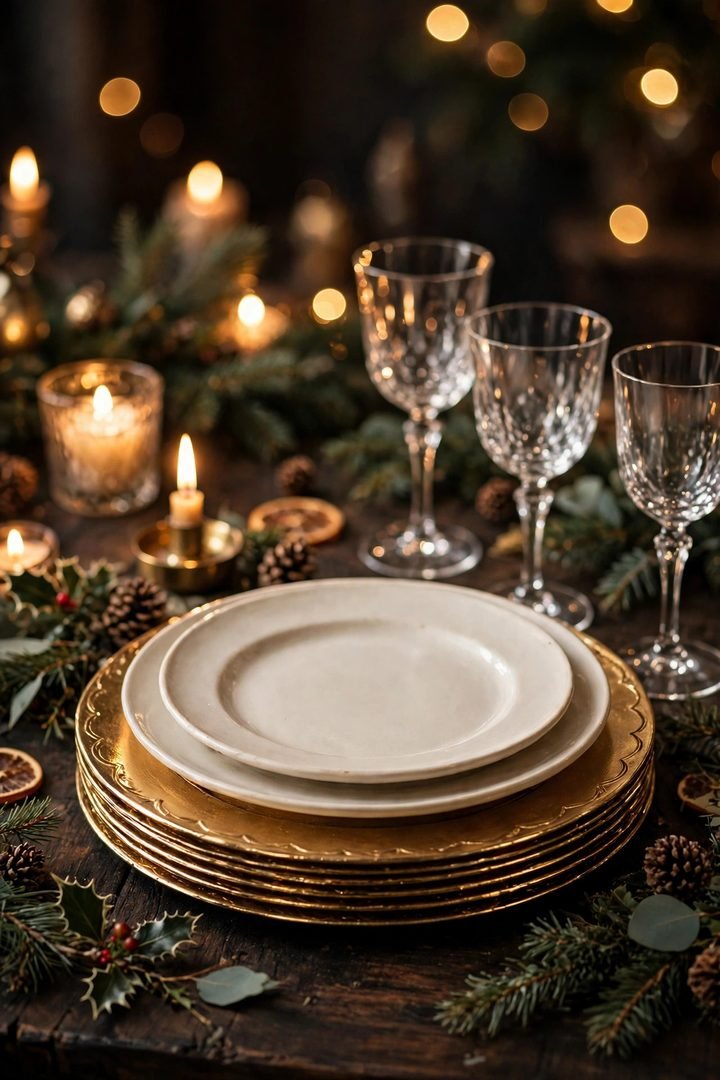 christmas table decor ideas: stacked gold chargers with white plates and candlelight