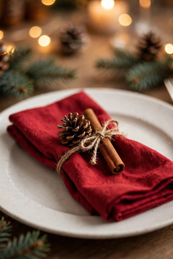 christmas table decor ideas: pinecone and cinnamon stick tied on a red napkin