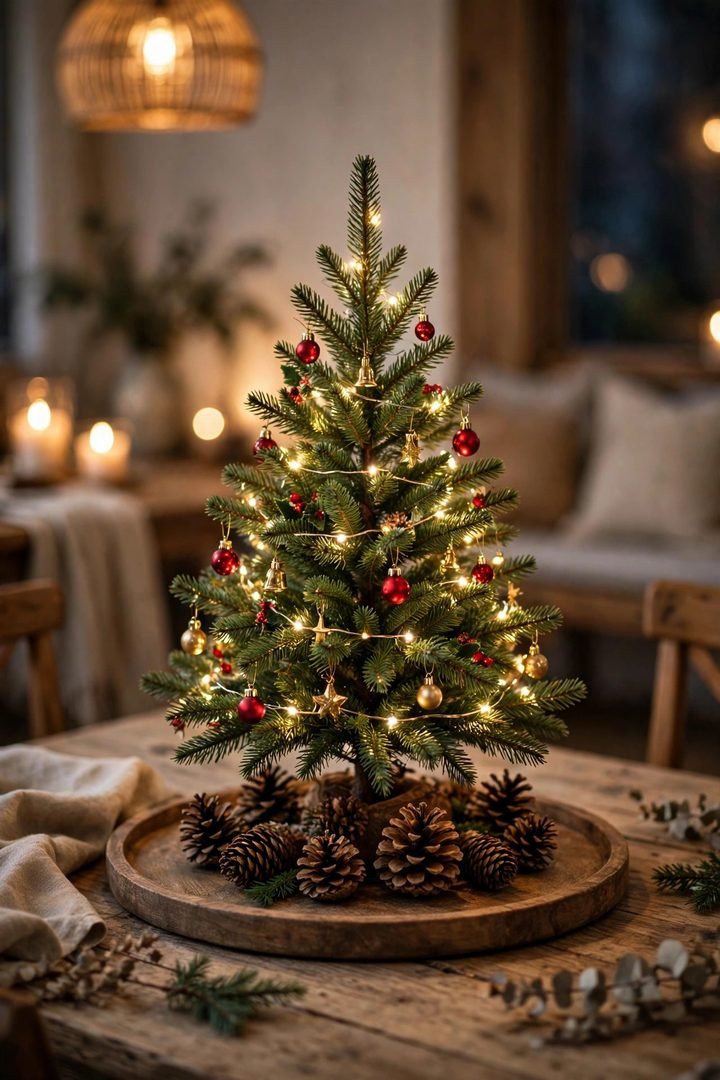 christmas table decor ideas: mini lit tabletop tree as a dining table centerpiece