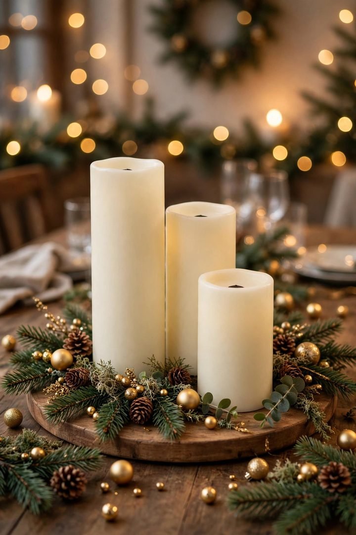 christmas table decor ideas: trio of flameless pillar candles on a tray with pine sprigs
