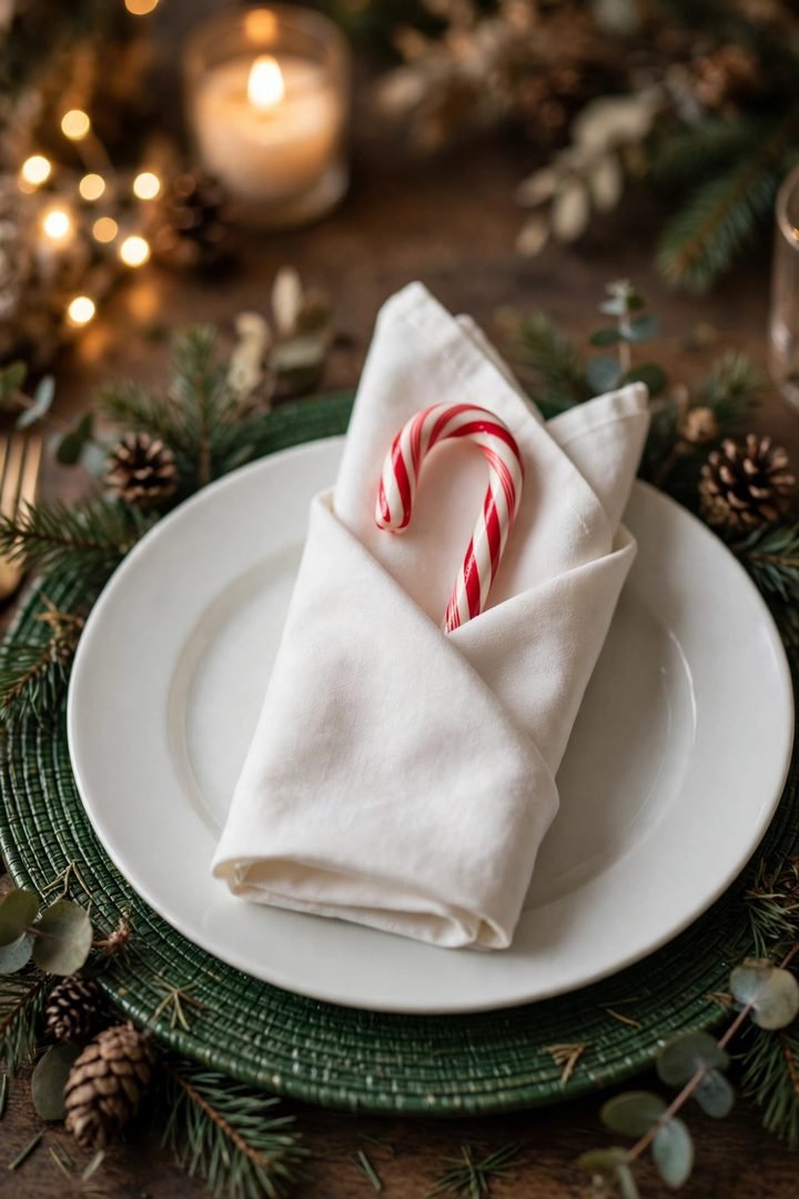 christmas table decor ideas: candy cane tucked into a folded napkin on a plate