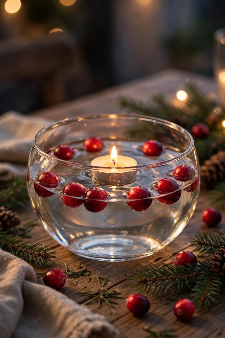 christmas table decor ideas: glass bowl with floating cranberries and a tea light