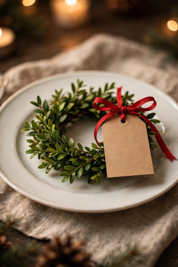 christmas table decor ideas: mini boxwood wreath with name tag on a plate