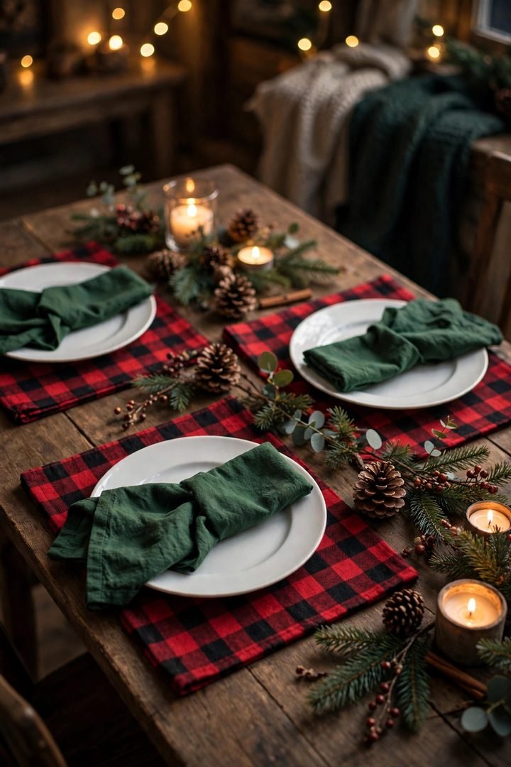christmas table decor ideas: buffalo plaid placemats with white plates and green napkins