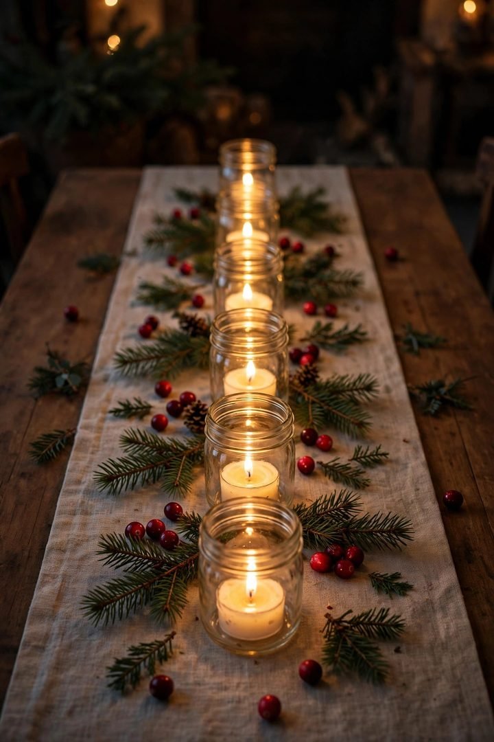 christmas table decor ideas: row of mason jars with tea lights down the table center