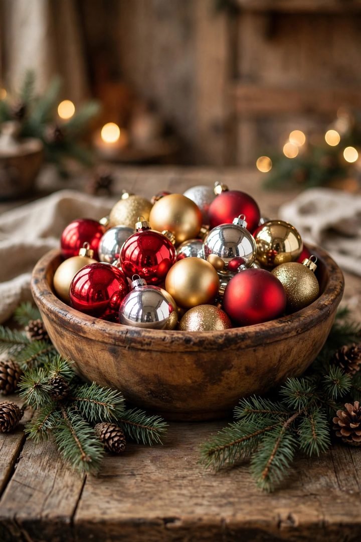 christmas table decor ideas: wooden dough bowl filled with shiny Christmas ornaments