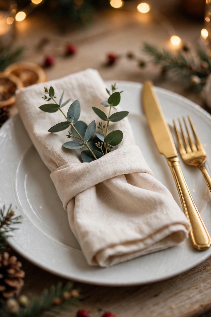christmas table decor ideas: eucalyptus sprig tucked into a cream linen napkin