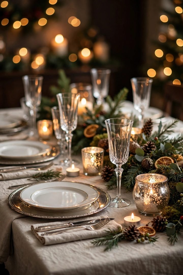 christmas table decor ideas: silver chargers and glowing mercury glass votives