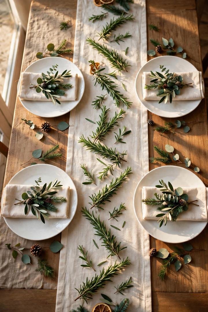 christmas table decor ideas: fresh rosemary sprigs lining a cream table runner