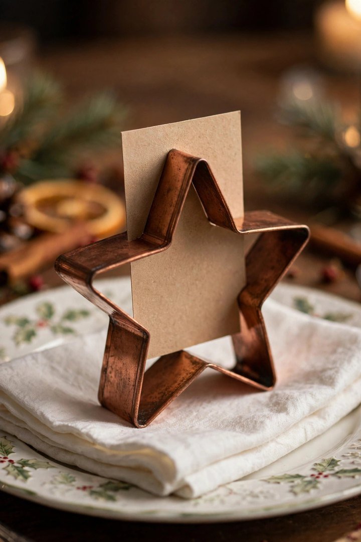 christmas table decor ideas: copper star cookie cutter holding a place card on a napkin