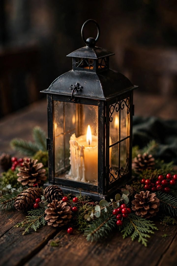 christmas table decor ideas: black lantern with glowing candle surrounded by pinecones