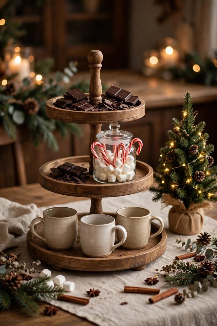 christmas table decor ideas: tiered tray styled as a hot cocoa bar on the table