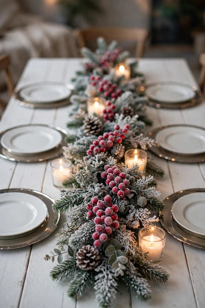 christmas table decor ideas: frosted red berry garland runner with faux snow