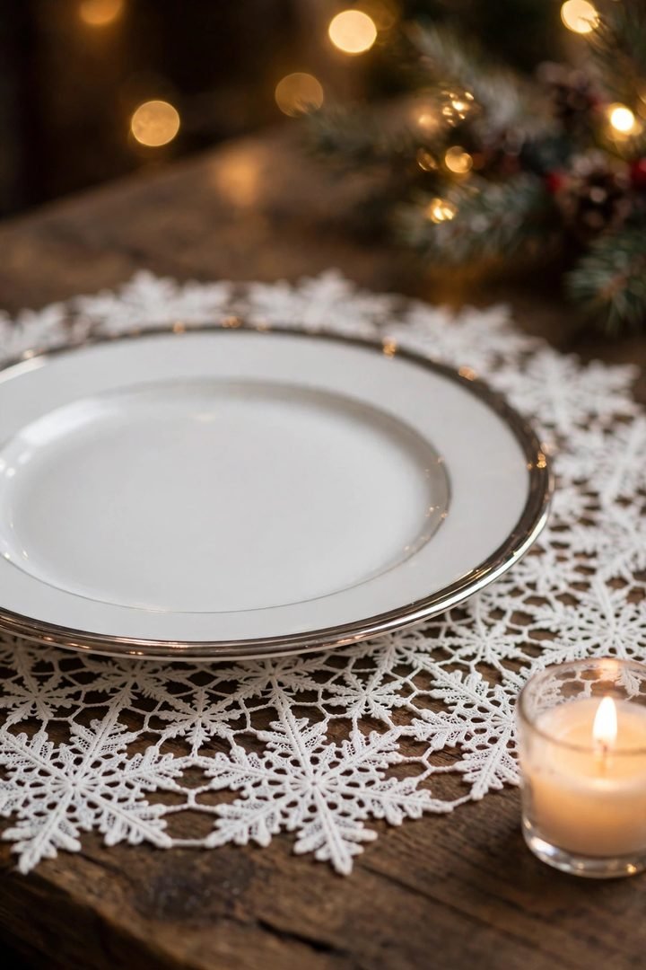christmas table decor ideas: snowflake lace placemats under silver-rimmed plates