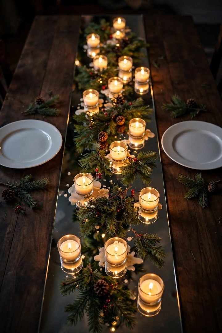 christmas table decor ideas: mirrored runner reflecting scattered tea-light votives