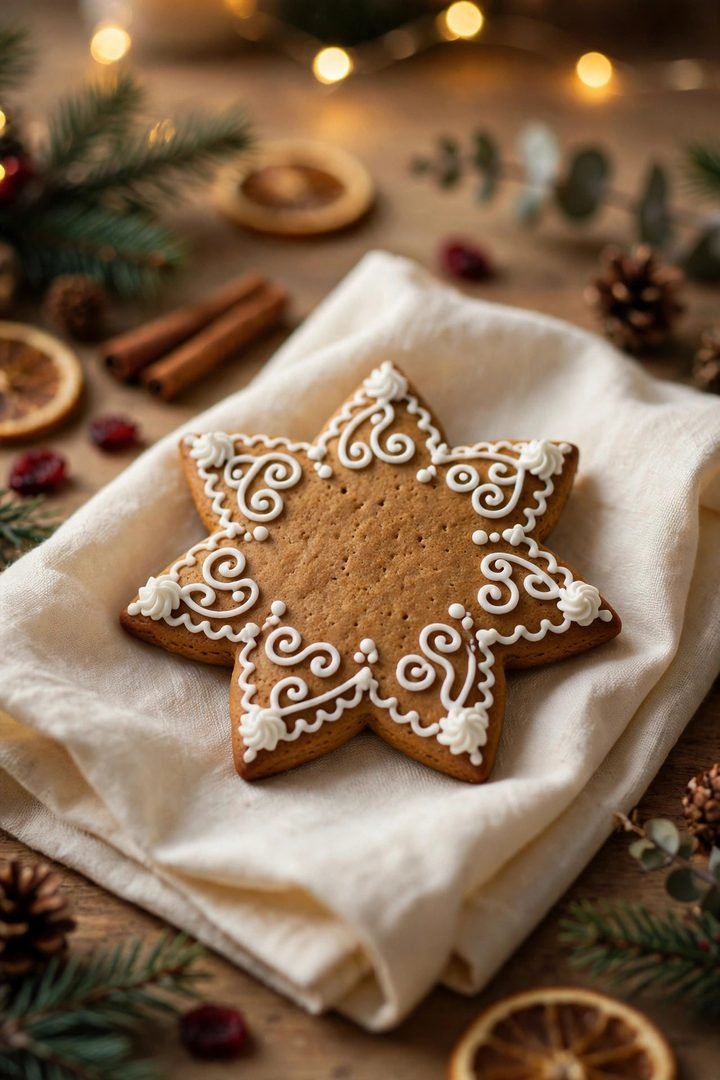 christmas table decor ideas: iced gingerbread star cookie as a place card on a napkin