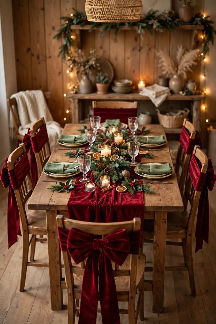 christmas table decor ideas: red velvet ribbon sashes tied on dining chairs