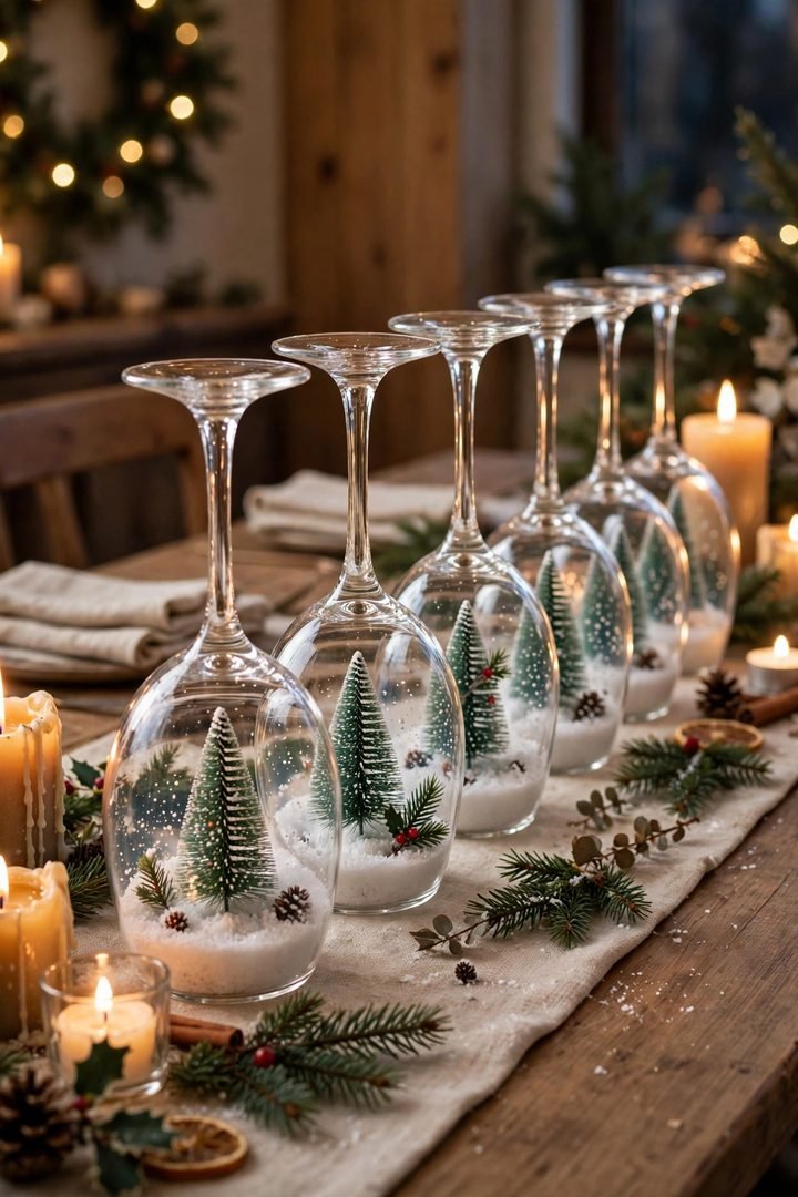 christmas table decor ideas: wine glasses turned into tiny snow globes with bottle-brush trees