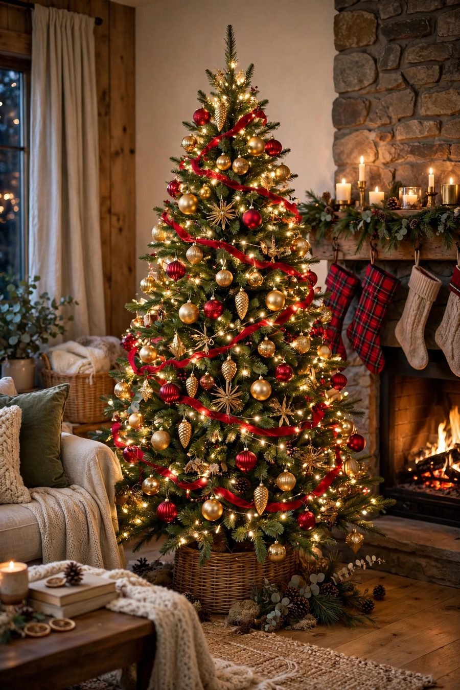 Christmas tree decorations: classic red and gold ornament tree