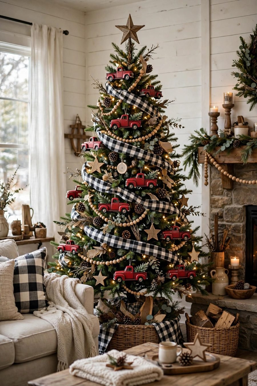 Christmas tree decorations: farmhouse buffalo plaid tree