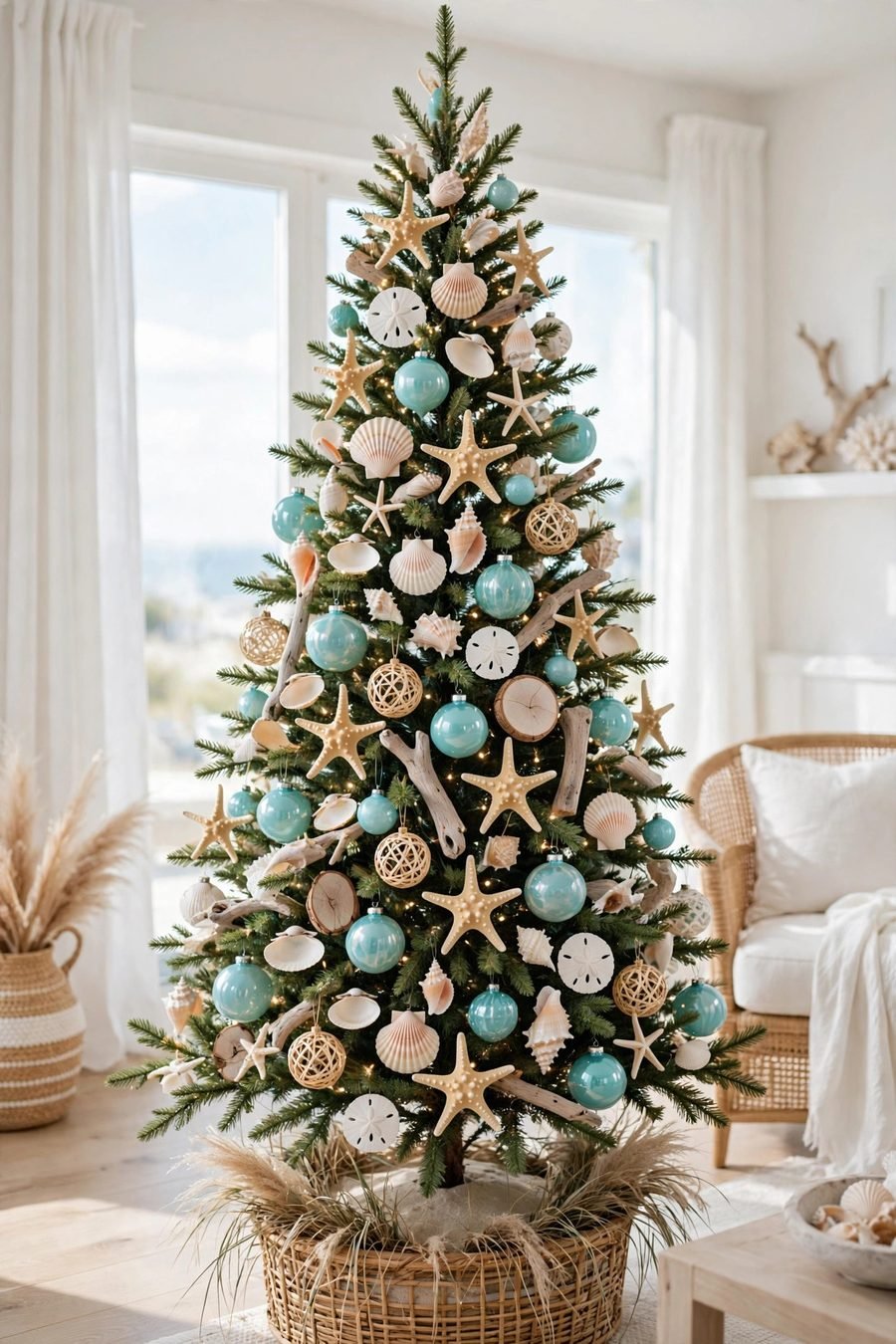 Christmas tree decorations: coastal beach themed tree