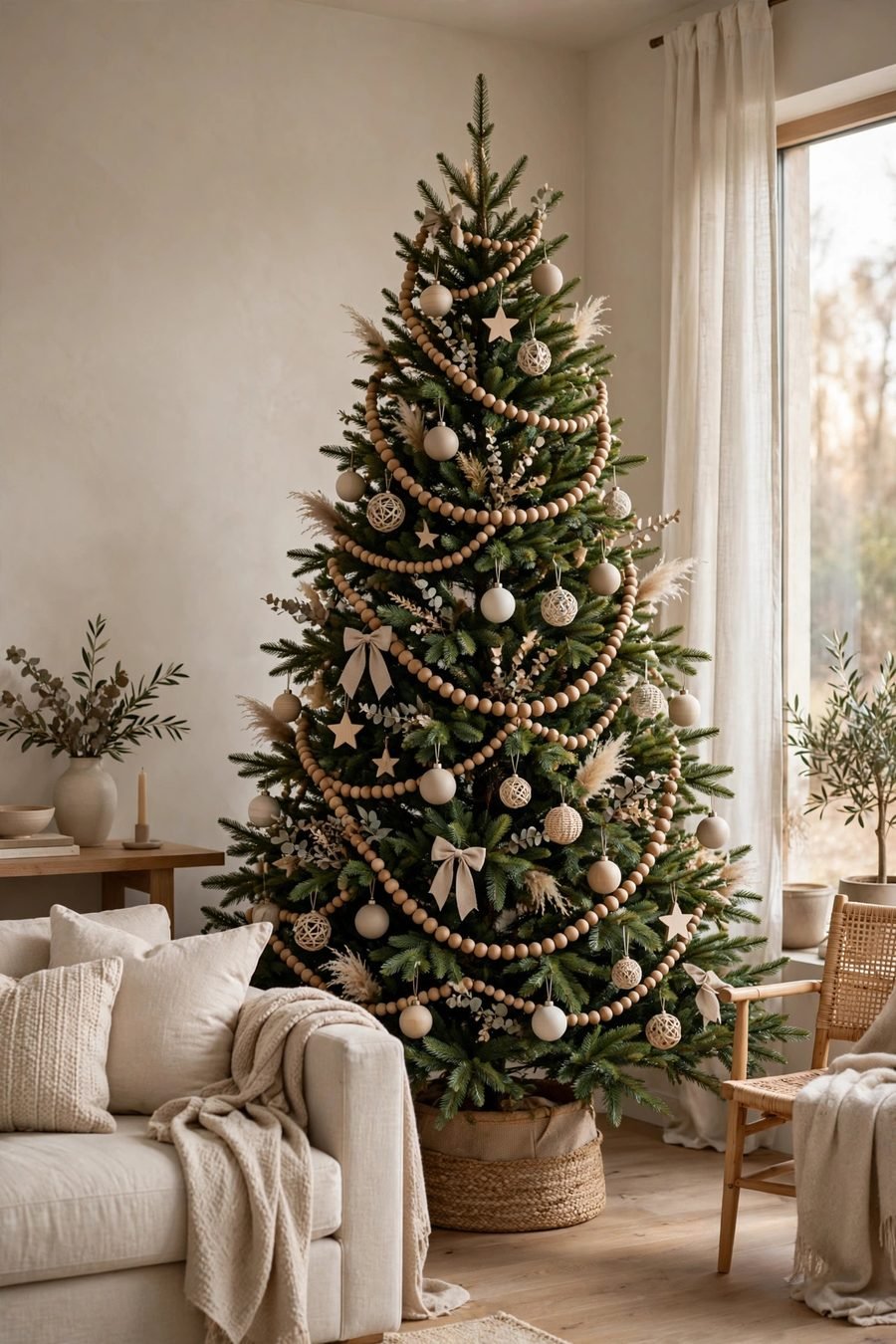 Christmas tree decorations: wooden bead garland tree