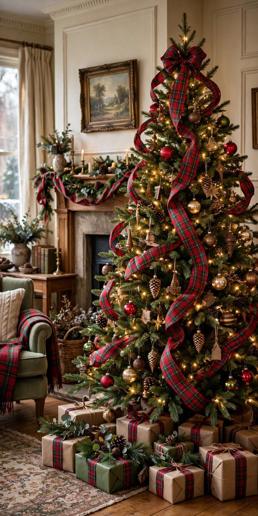Christmas tree decorations: tartan plaid ribbon tree