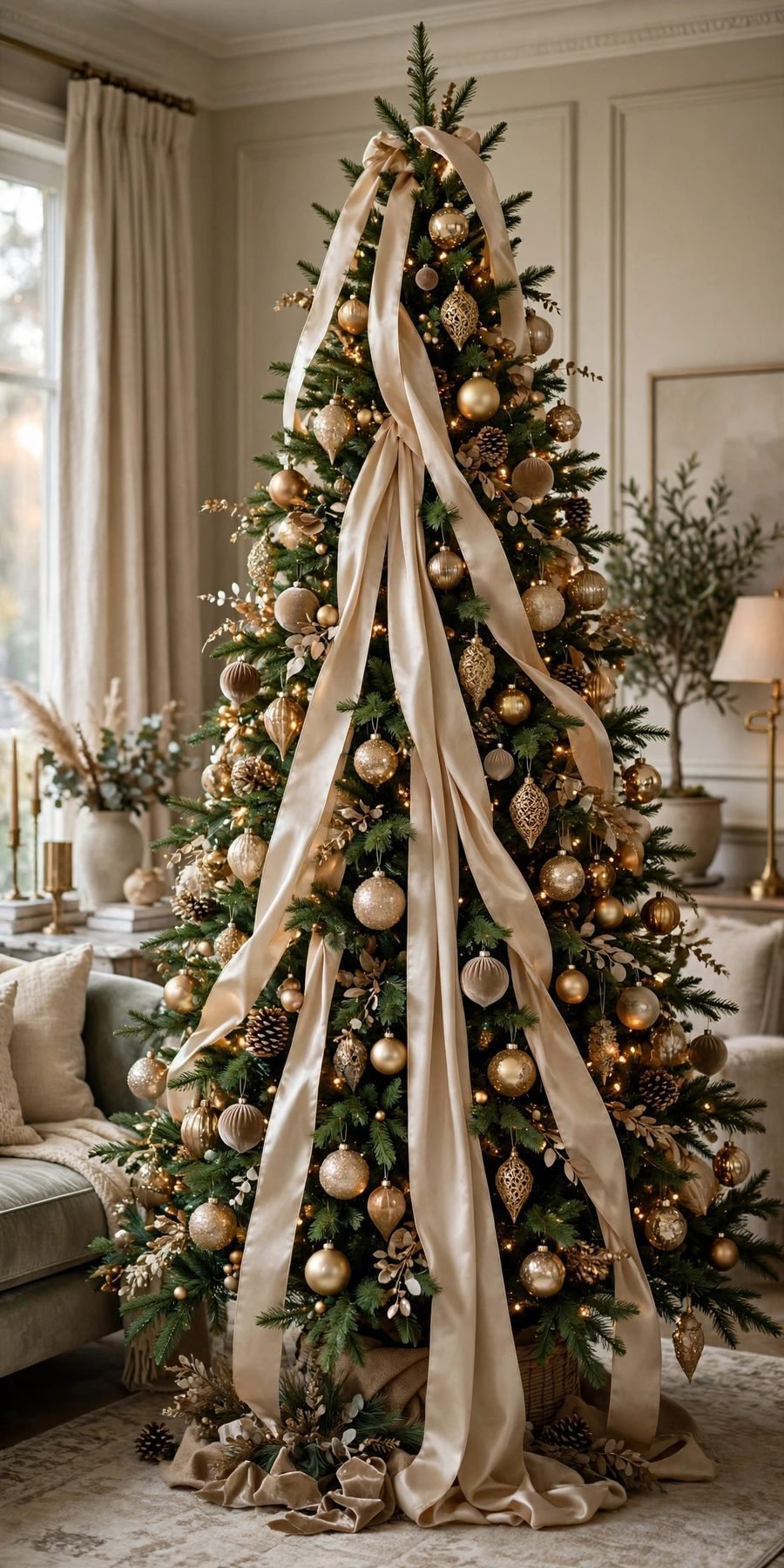 Christmas tree decorations: ribbon waterfall tree technique