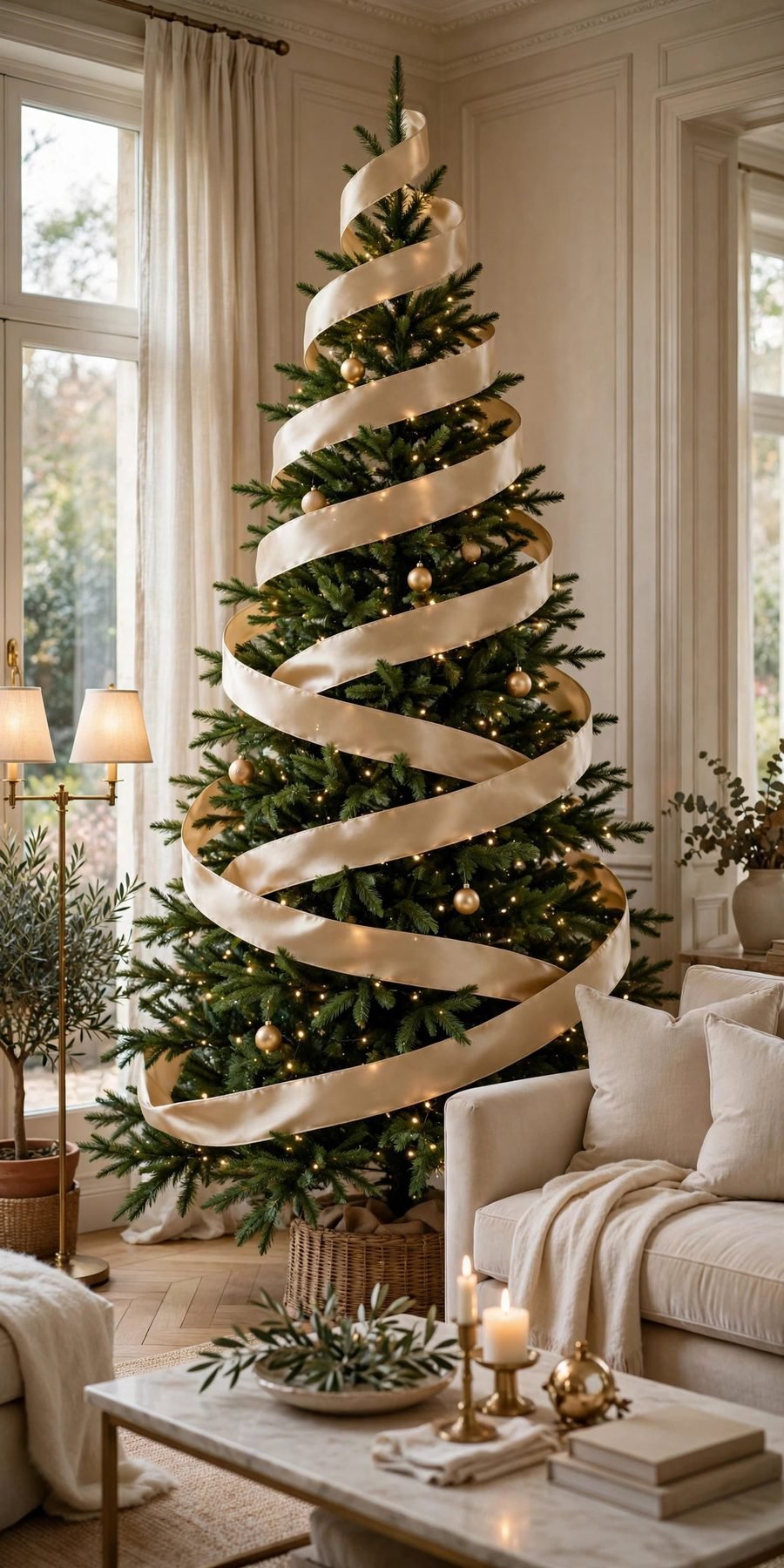 Christmas tree decorations: champagne gold ribbon tree