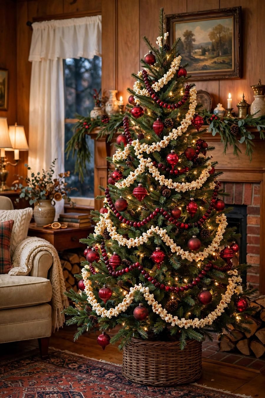 Christmas tree decorations: cranberry popcorn garland tree