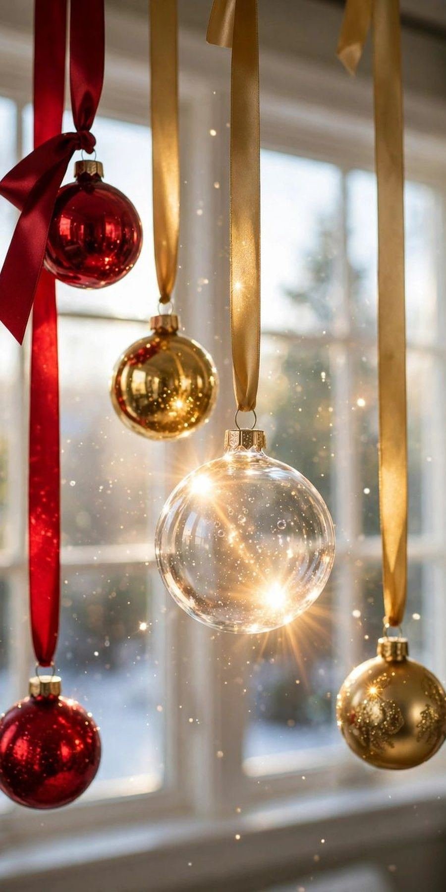 christmas window decor ideas: ornaments dangling from ribbons in front of a window
