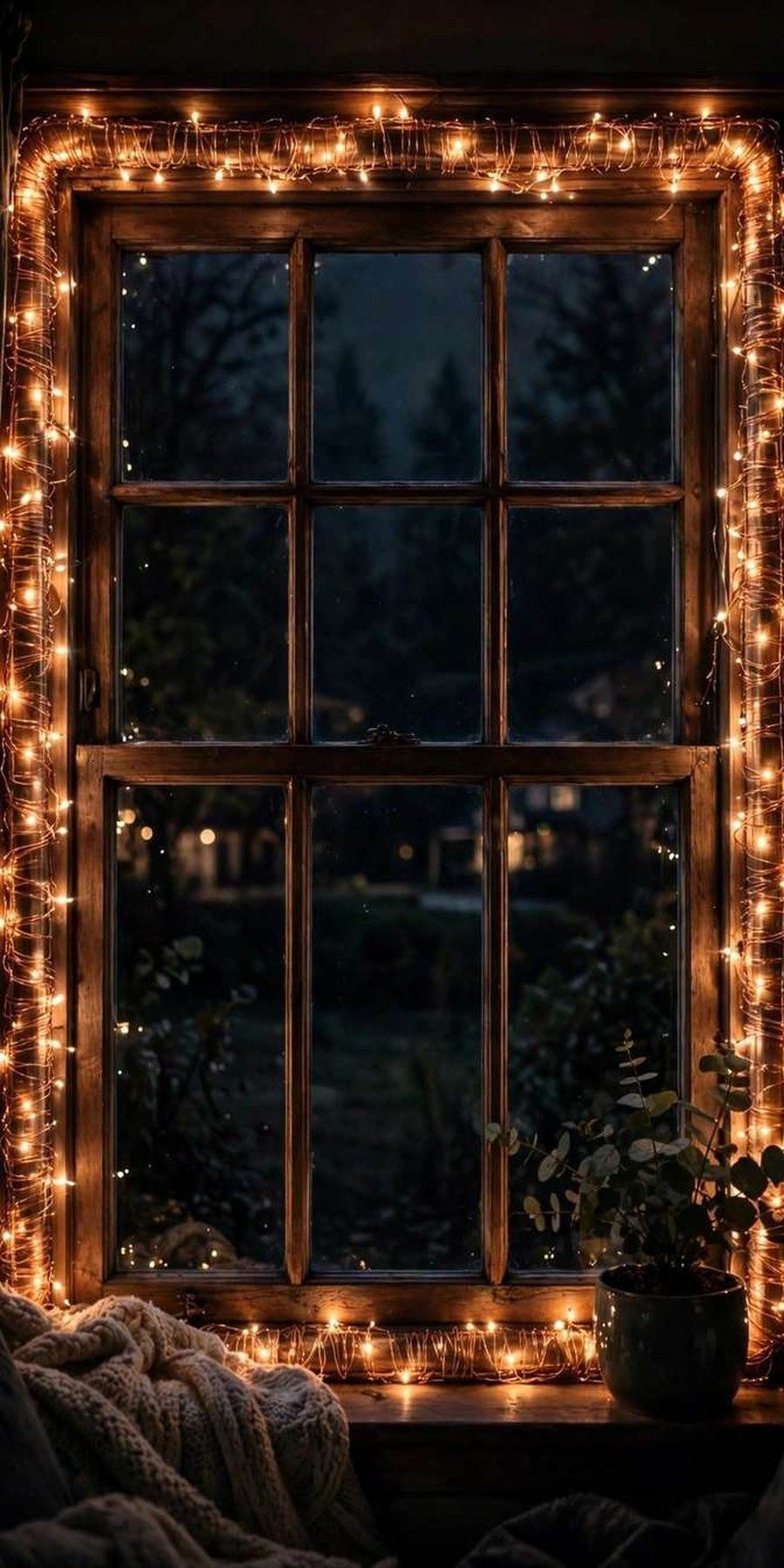 christmas window decor ideas: window frame outlined with warm fairy lights